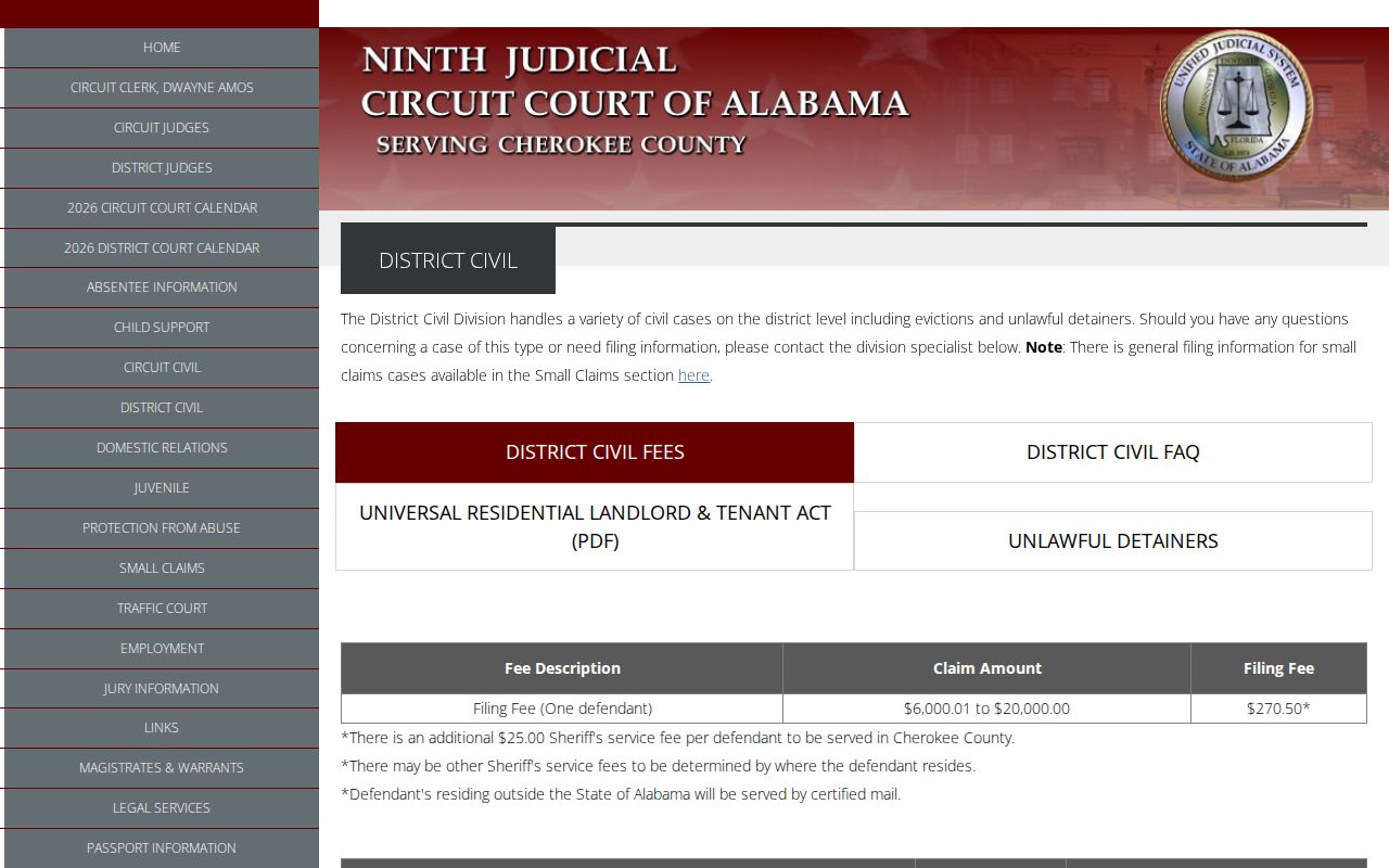 Cherokee County civil docket District Civil information