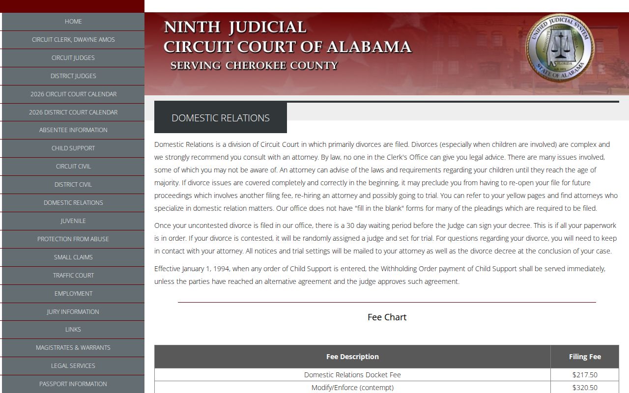 Cherokee County civil docket Domestic Relations instructions